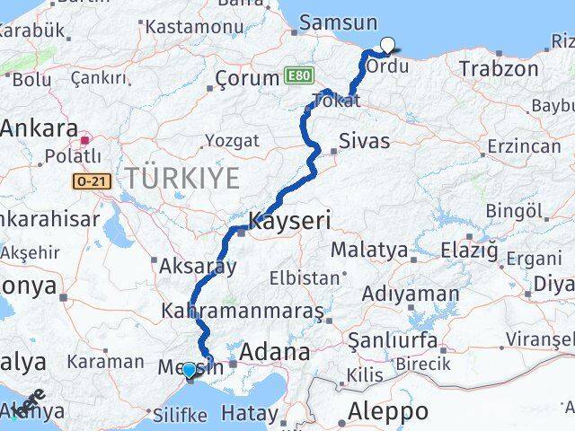 Mersin Yenişehir Ordu Arası Kaç Km - Yol Haritası