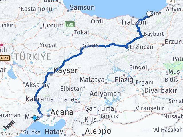 Mersin Yenişehir Rize Arası Kaç Km - Yol Haritası