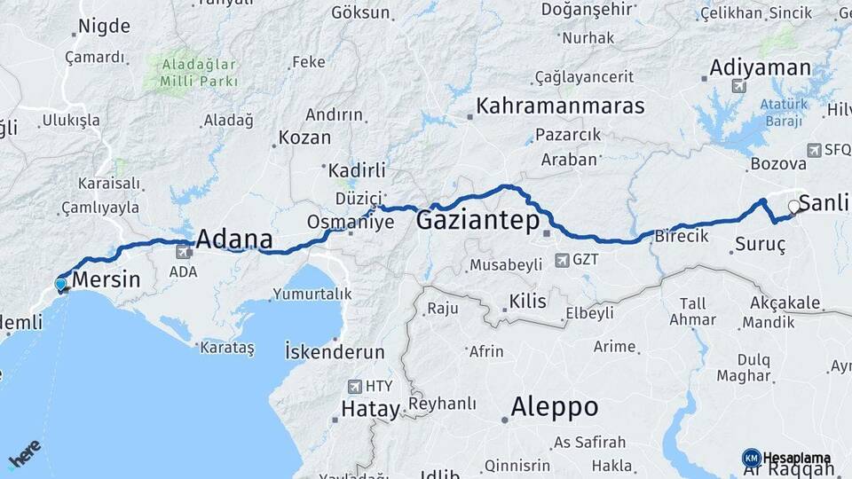 Mersin Yenişehir Şanlıurfa Arası Kaç Km - Yol Haritası