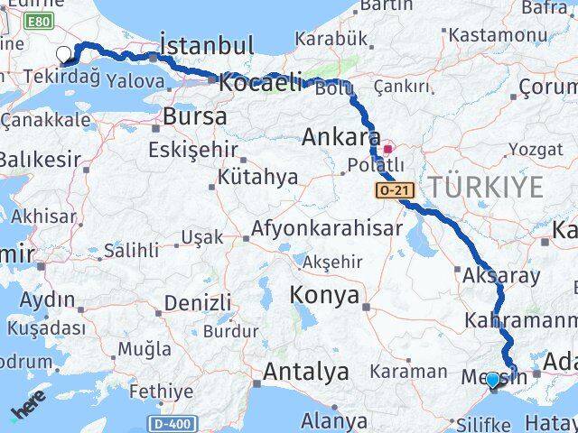 Mersin Yenişehir Tekirdağ Arası Kaç Km - Yol Haritası