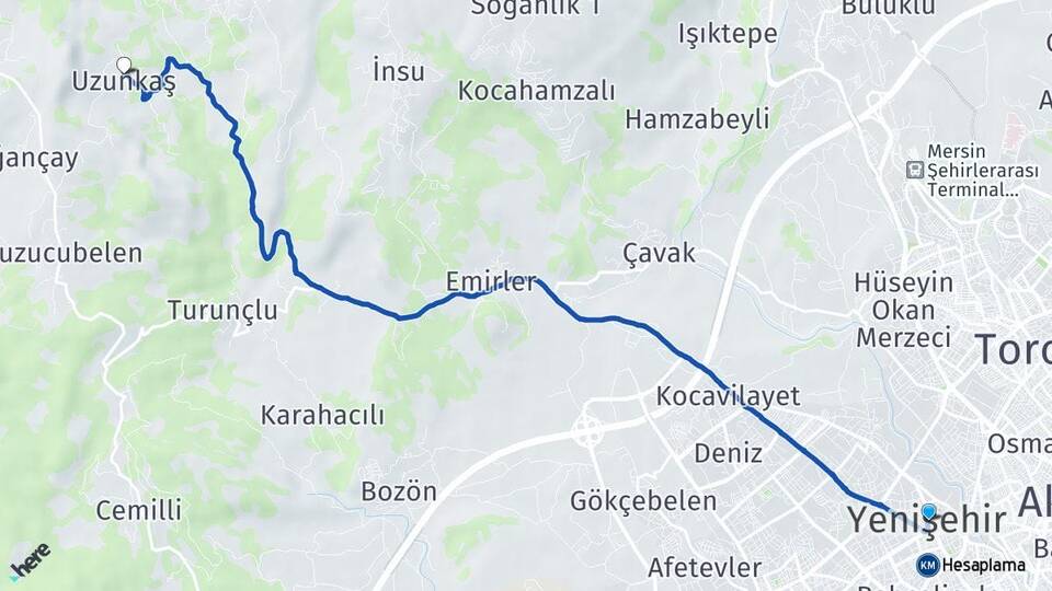 Mersin Yenişehir Uzunkaş Yenişehir Arası Kaç Km - Yol Haritası