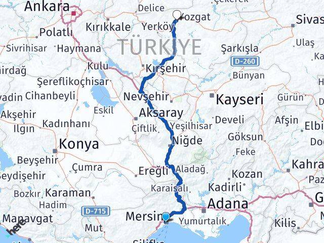 Mersin Yenişehir Yozgat Arası Kaç Km - Yol Haritası