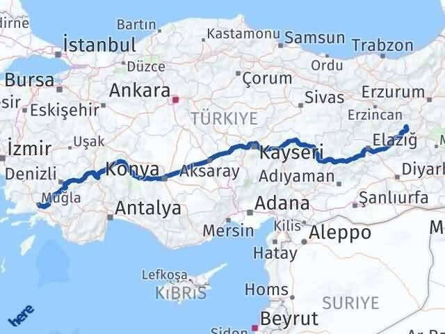 Muğla Adaklı Bingöl Arası Kaç Km - Yol Haritası
