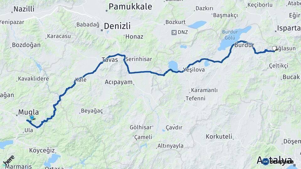 Muğla Ağlasun Burdur Arası Kaç Km - Yol Haritası