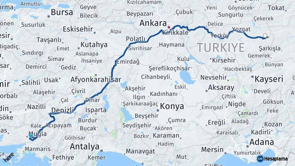 Muğla Akdağmadeni Yozgat Arası Kaç Km - Yol Haritası