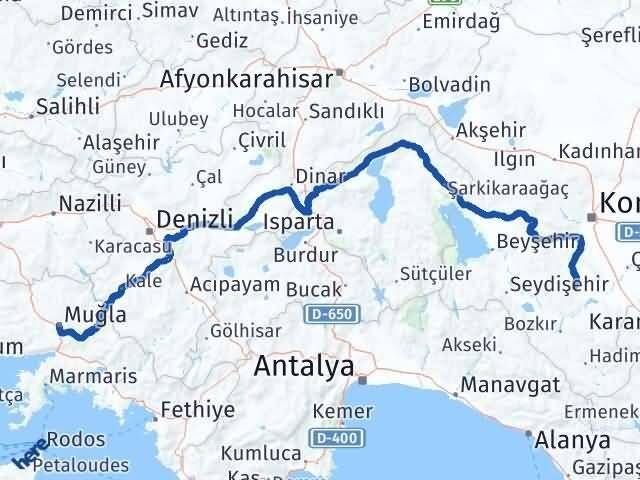 Muğla Akören Konya Arası Kaç Km - Yol Haritası