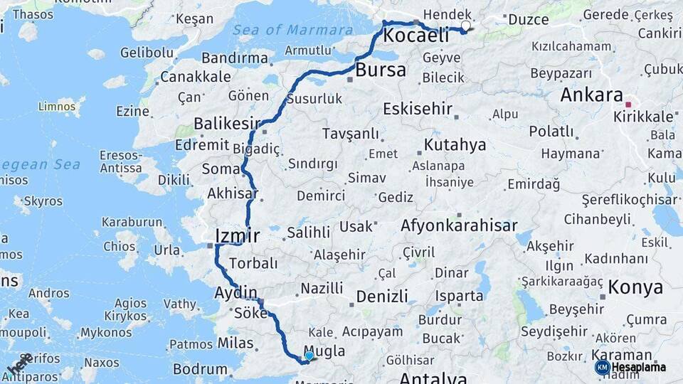 Muğla Akyazı Sakarya Arası Kaç Km - Yol Haritası