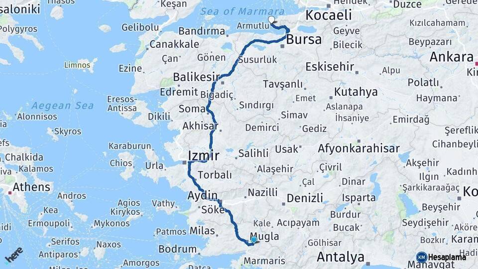 Muğla Armutlu Yalova Arası Kaç Km - Yol Haritası