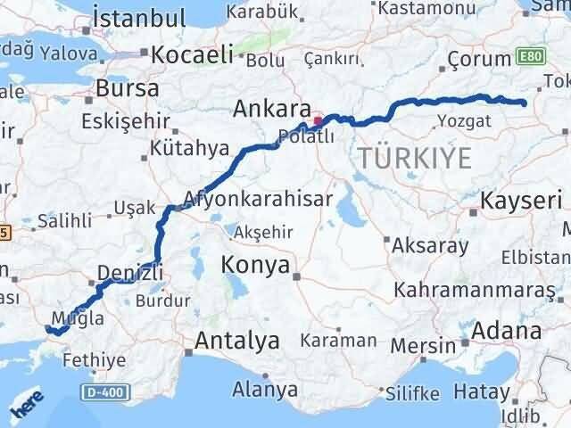 Muğla Artova Tokat Arası Kaç Km - Yol Haritası