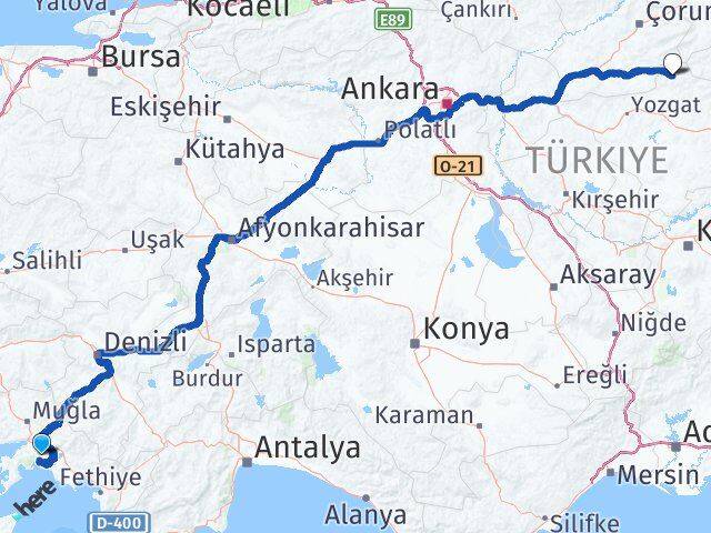 Muğla Aydıncık Yozgat Arası Kaç Km - Yol Haritası
