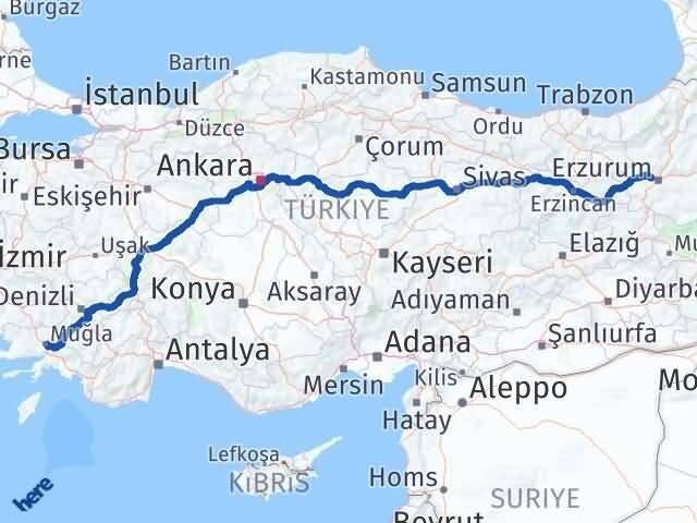 Muğla Aziziye Erzurum Arası Kaç Km - Yol Haritası