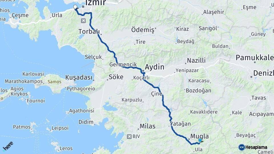Muğla Balçova İzmir Arası Kaç Km - Yol Haritası