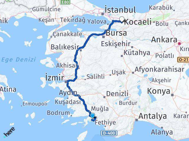 Muğla Başiskele Kocaeli Arası Kaç Km - Yol Haritası