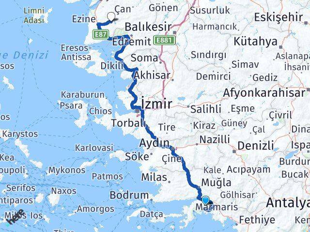 Muğla Bayramiç Çanakkale Arası Kaç Km - Yol Haritası