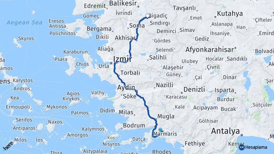 Muğla Bigadiç Balıkesir Arası Kaç Km - Yol Haritası