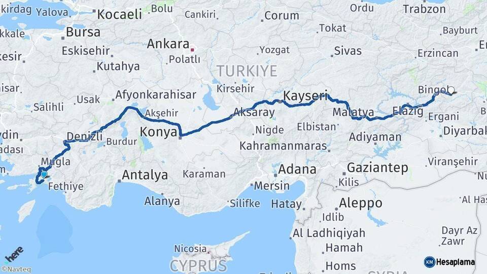 Muğla Bingöl Arası Kaç Km - Yol Haritası
