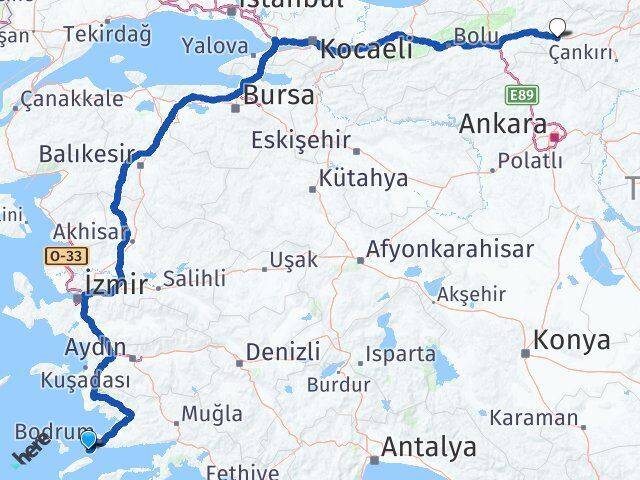 Muğla Bodrum Akyarlar Çerkeş Çankırı Arası Kaç Km - Yol Haritası