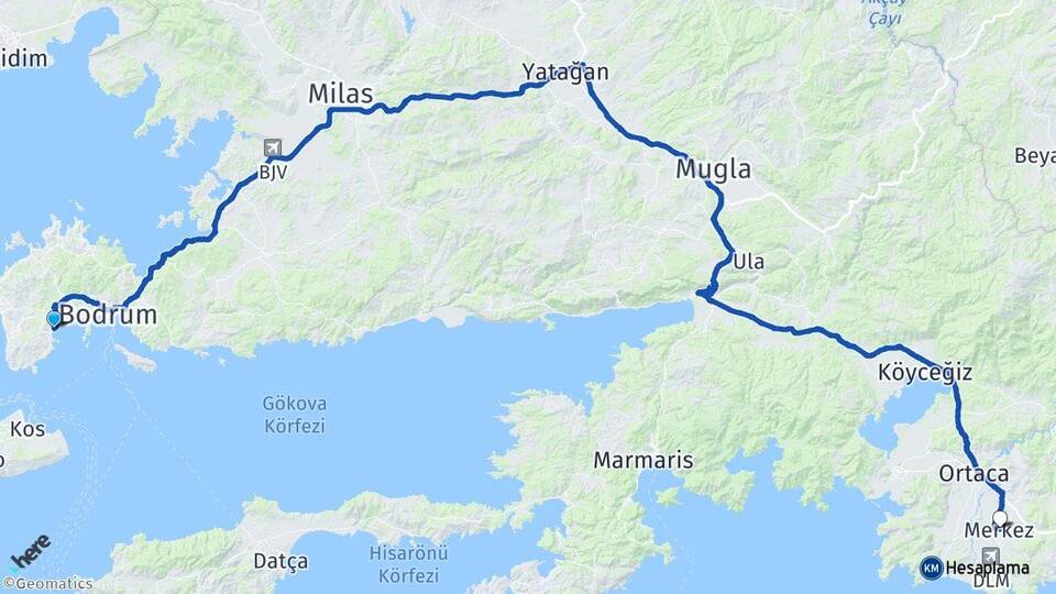 Muğla Bodrum Bitez Dalaman Arası Kaç Km - Yol Haritası