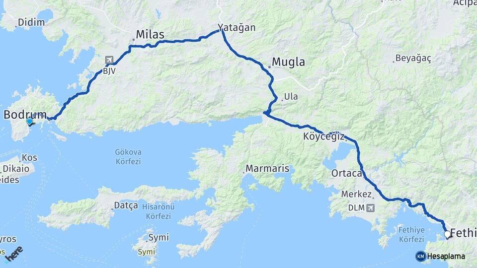 Muğla Bodrum Bitez Fethiye Arası Kaç Km - Yol Haritası