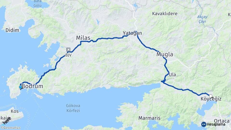 Muğla Bodrum Bitez Köyceğiz Arası Kaç Km - Yol Haritası