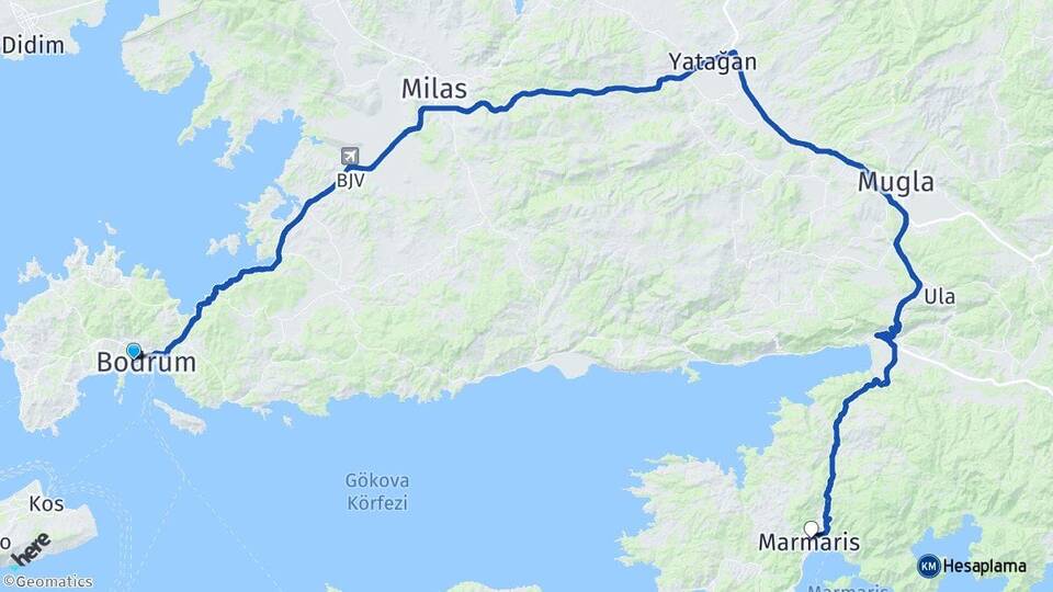 Muğla Bodrum Gümbet Marmaris Arası Kaç Km - Yol Haritası