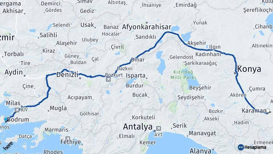 Muğla Bodrum Karaman Arası Kaç Km - Yol Haritası