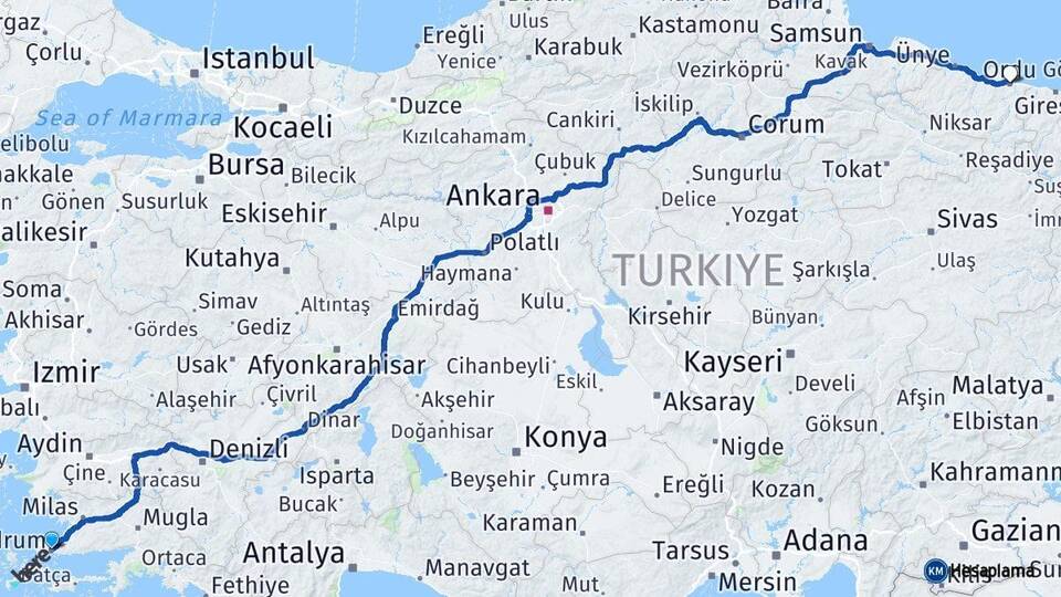 Muğla Bodrum Ordu Arası Kaç Km - Yol Haritası