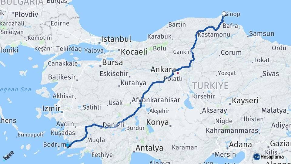 Muğla Bodrum Sinop Arası Kaç Km - Yol Haritası