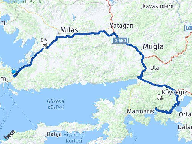 Muğla Bodrum Torba Arası Kaç Km - Yol Haritası