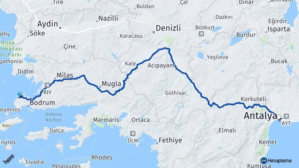 Muğla Bodrum Yalıkavak Antalya Arası Kaç Km - Yol Haritası