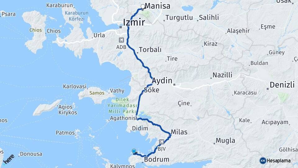 Muğla Bodrum Yalıkavak Manisa Arası Kaç Km - Yol Haritası