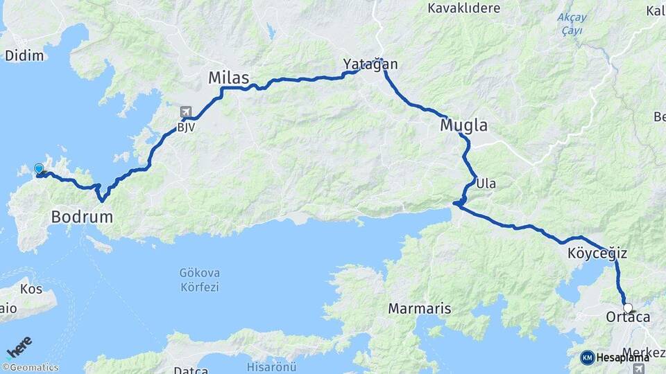 Muğla Bodrum Yalıkavak Ortaca Arası Kaç Km - Yol Haritası
