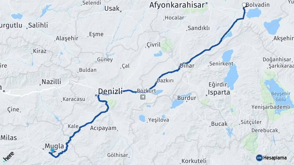 Muğla Bolvadin Afyonkarahisar Arası Kaç Km - Yol Haritası