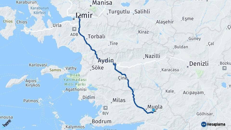 Muğla Bornova İzmir Arası Kaç Km - Yol Haritası