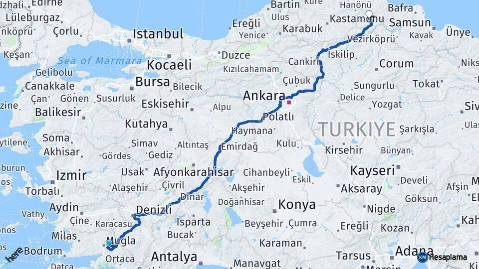 Muğla Boyabat Sinop Arası Kaç Km - Yol Haritası
