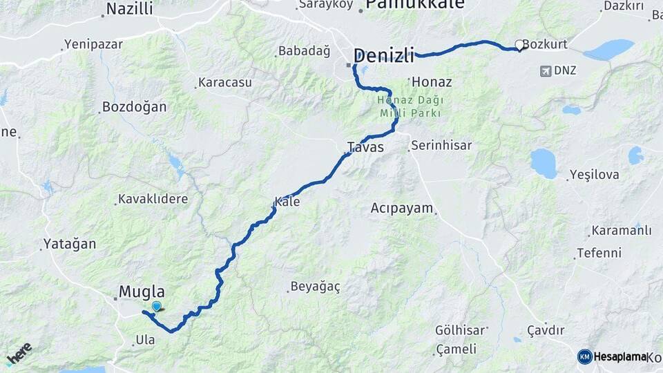 Muğla Bozkurt Denizli Arası Kaç Km - Yol Haritası