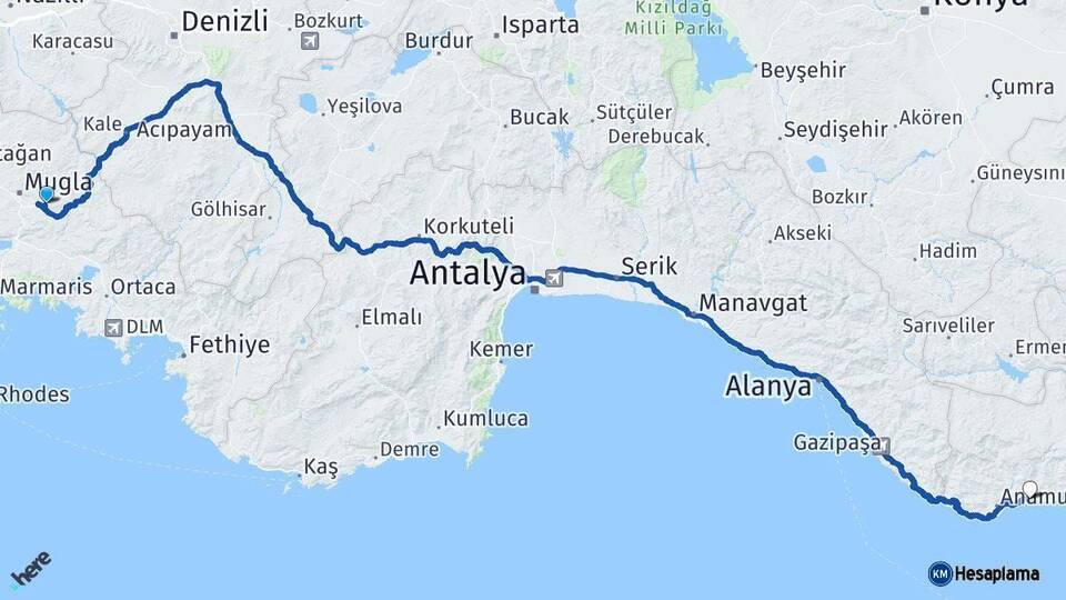 Muğla Bozyazı Mersin Arası Kaç Km - Yol Haritası