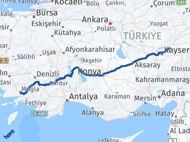 Muğla Bünyan Kayseri Arası Kaç Km - Yol Haritası
