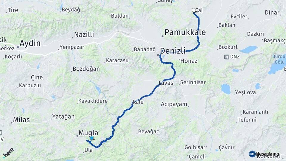 Muğla Çal Denizli Arası Kaç Km - Yol Haritası