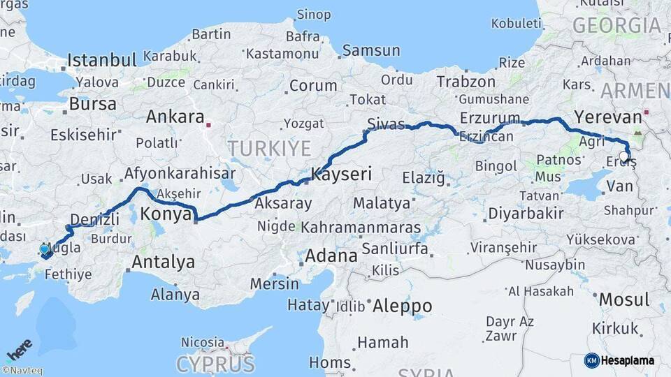 Muğla Çaldıran Van Arası Kaç Km - Yol Haritası