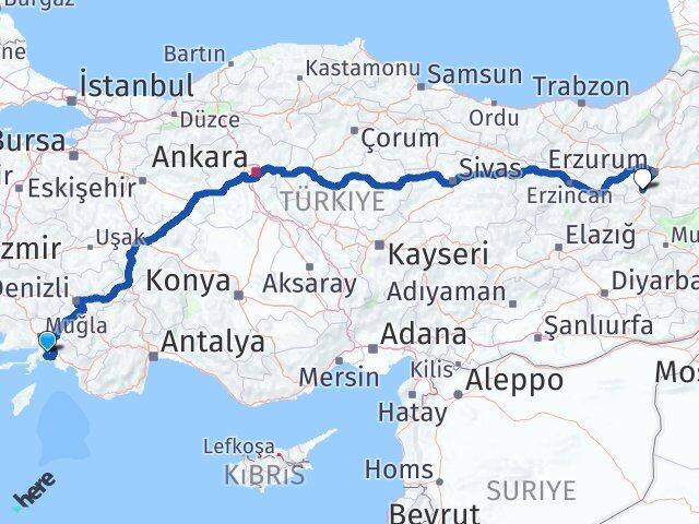 Muğla Çat Erzurum Arası Kaç Km - Yol Haritası