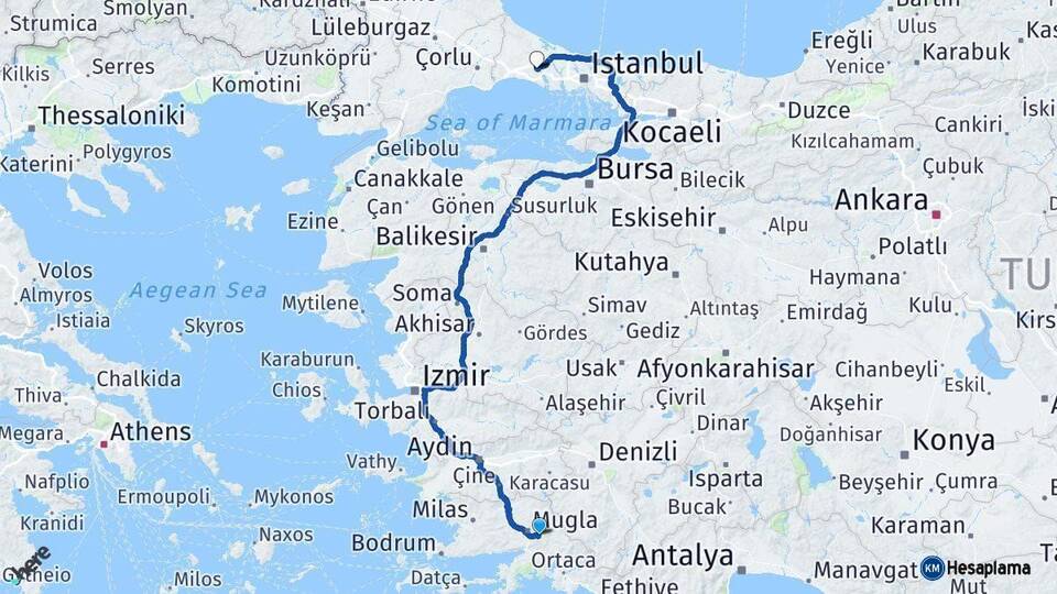 Muğla Çatalca İstanbul Arası Kaç Km - Yol Haritası