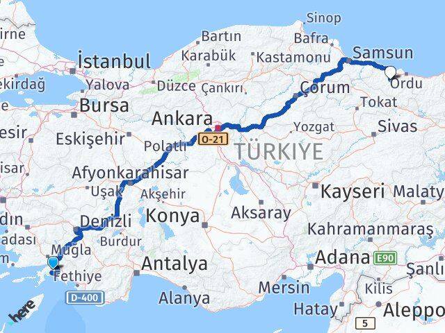 Muğla Çatalpınar Ordu Arası Kaç Km - Yol Haritası