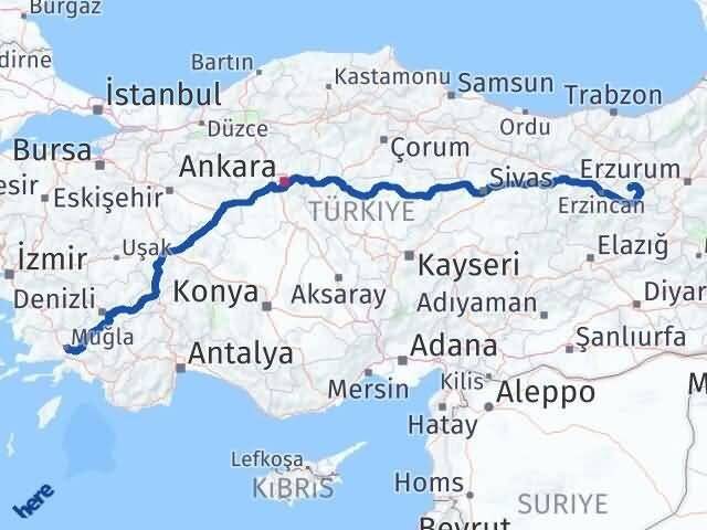 Muğla Çayırlı Erzincan Arası Kaç Km - Yol Haritası