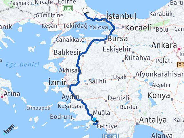 Muğla Çerkezköy Tekirdağ Arası Kaç Km - Yol Haritası