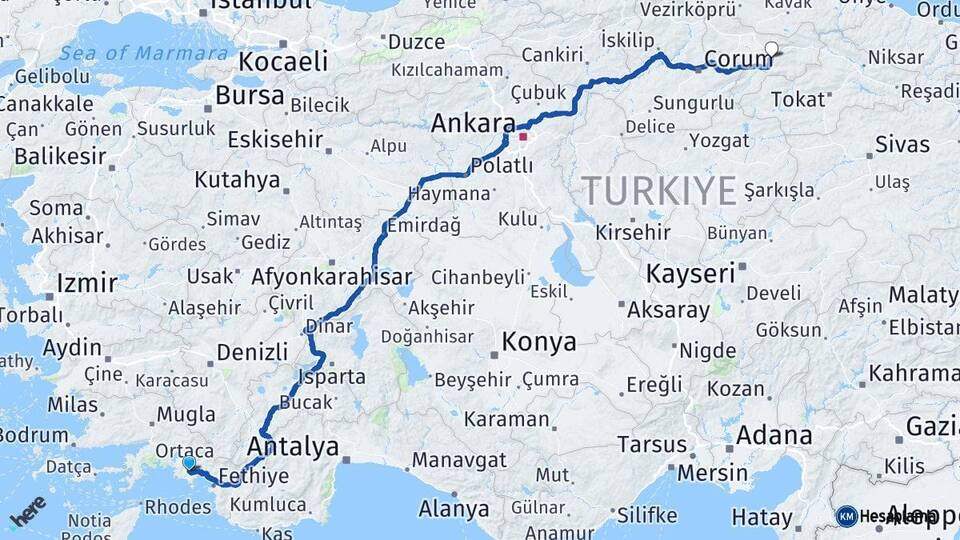 Muğla Dalaman Amasya Arası Kaç Km - Yol Haritası