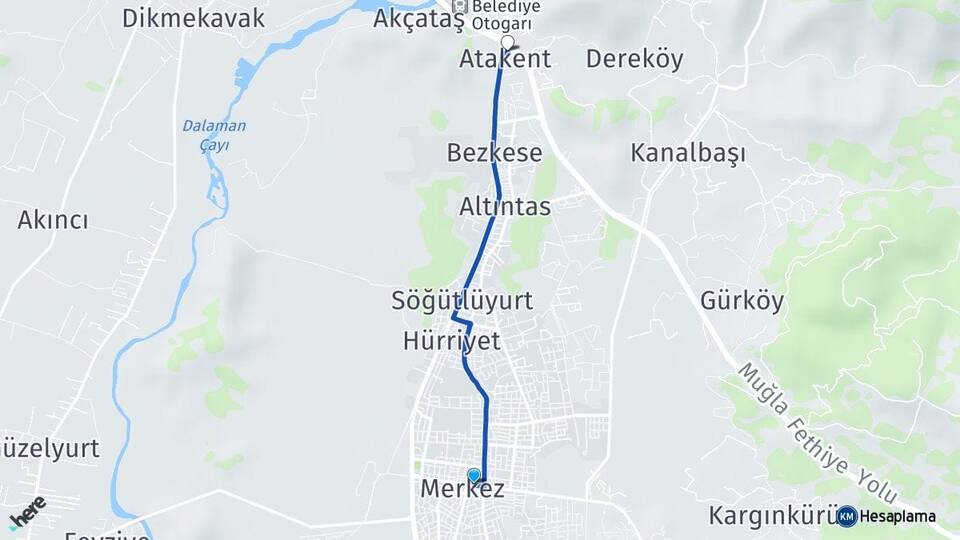 Muğla Dalaman Atakent Dalaman Arası Kaç Km - Yol Haritası