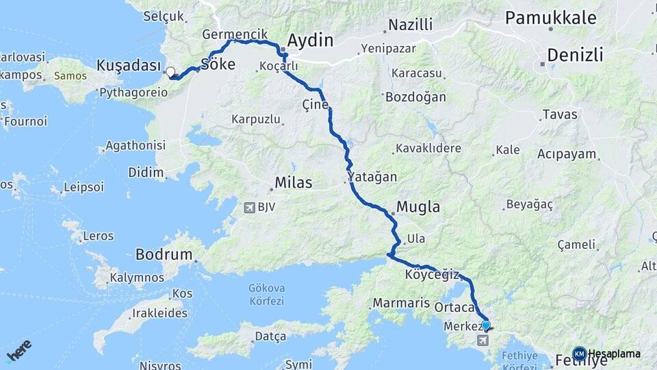 Muğla Dalaman Davutlar Kuşadası Aydın Arası Kaç Km - Yol Haritası