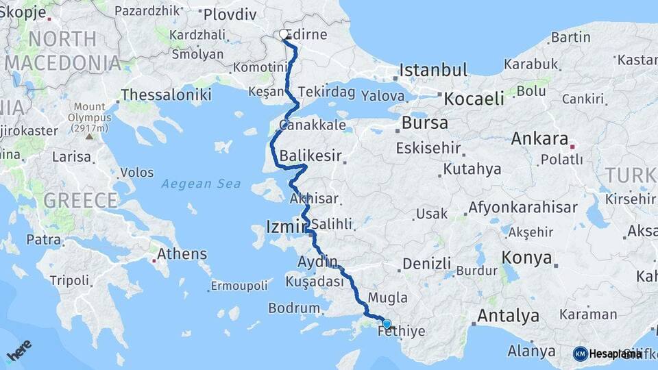 Muğla Dalaman Edirne Arası Kaç Km - Yol Haritası