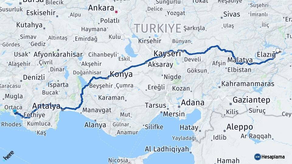 Muğla Dalaman Elazığ Arası Kaç Km - Yol Haritası